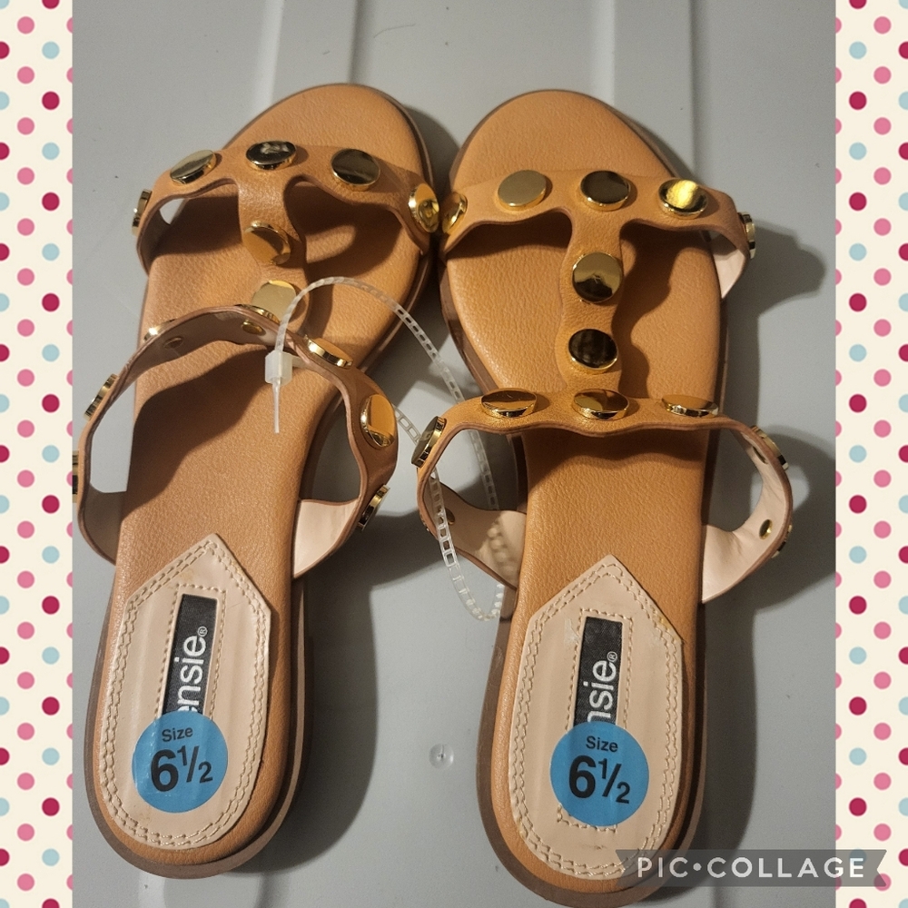 Kensie Tan Sandals with Gold Disc Studs - Picture 2 of 3